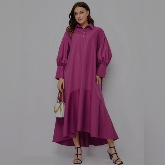 Shein Lantern Sleeve Asymmetrical Ruffle Hem Half Button Placket Dress - Picture 1 of 14